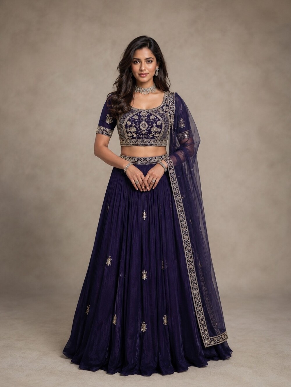 Embroidered Chinon Chiffon in Blue Lehenga Choli